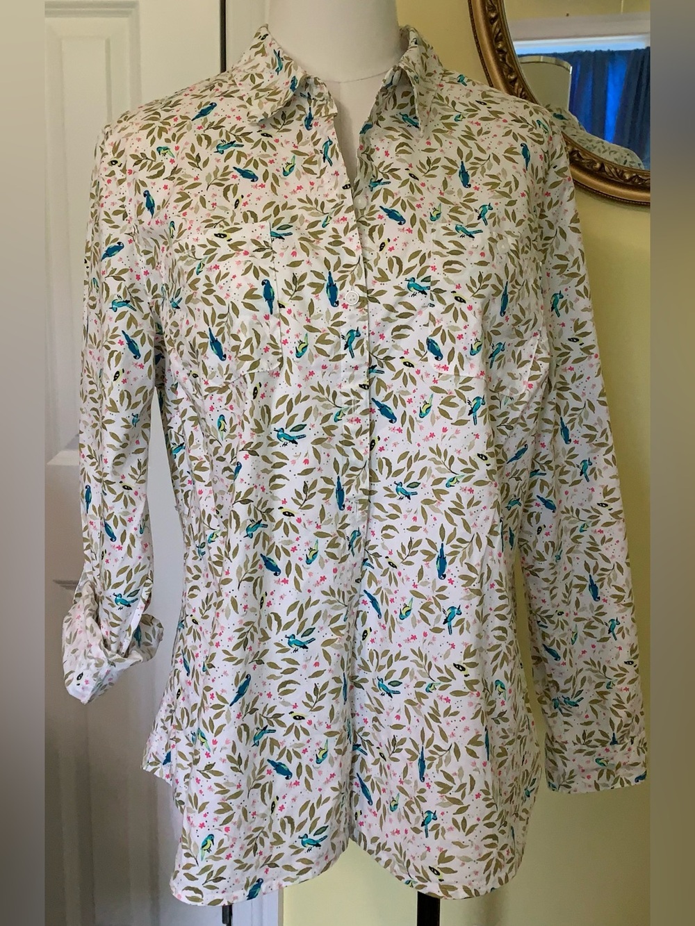 Cotton Blue Bird Print Button Blouse Floral Adjustable Button Tab Sleeve